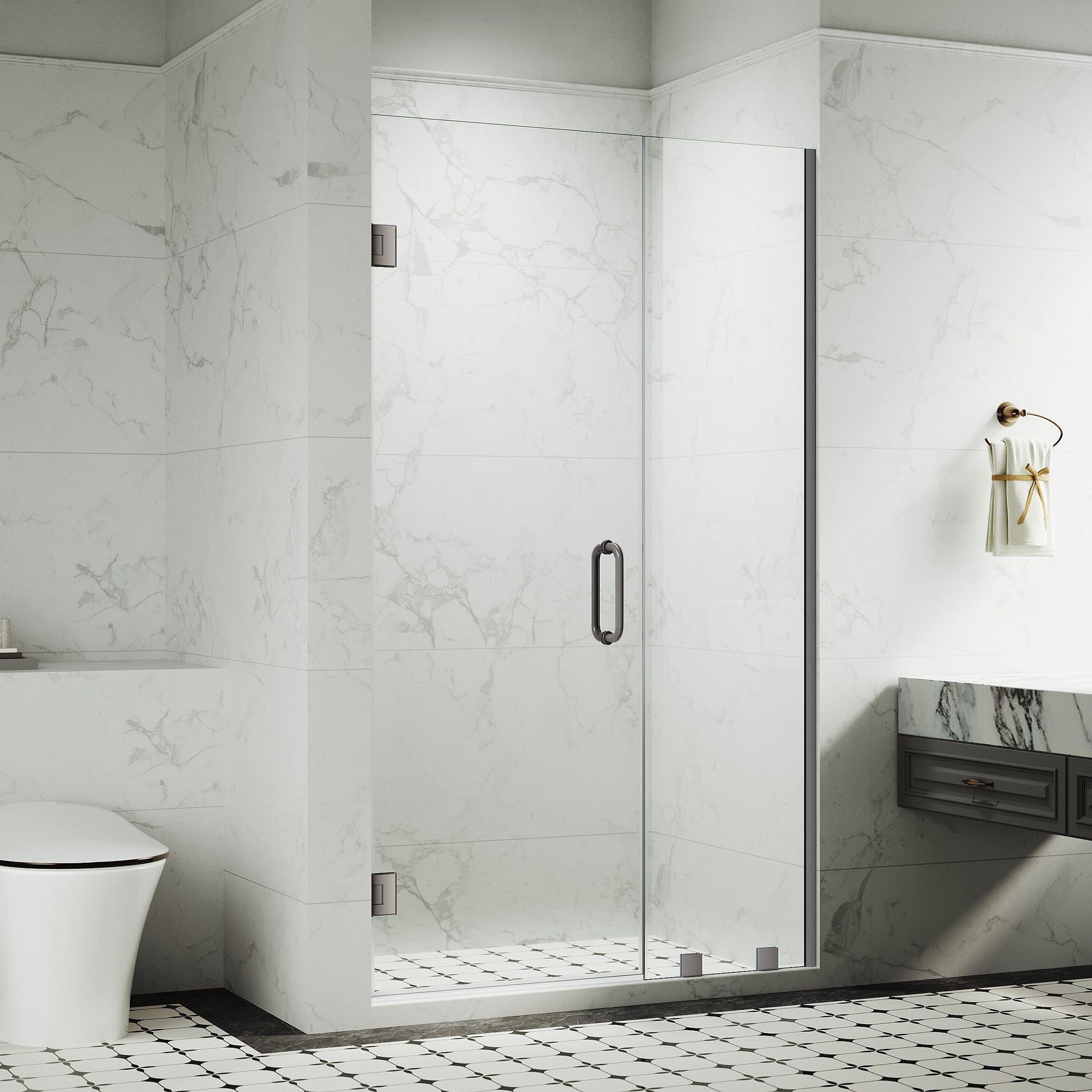 Frameless swing shower door with chrome handle and clear 10mm tempered glass installed in a modern white bathroom with subway tile and open layout