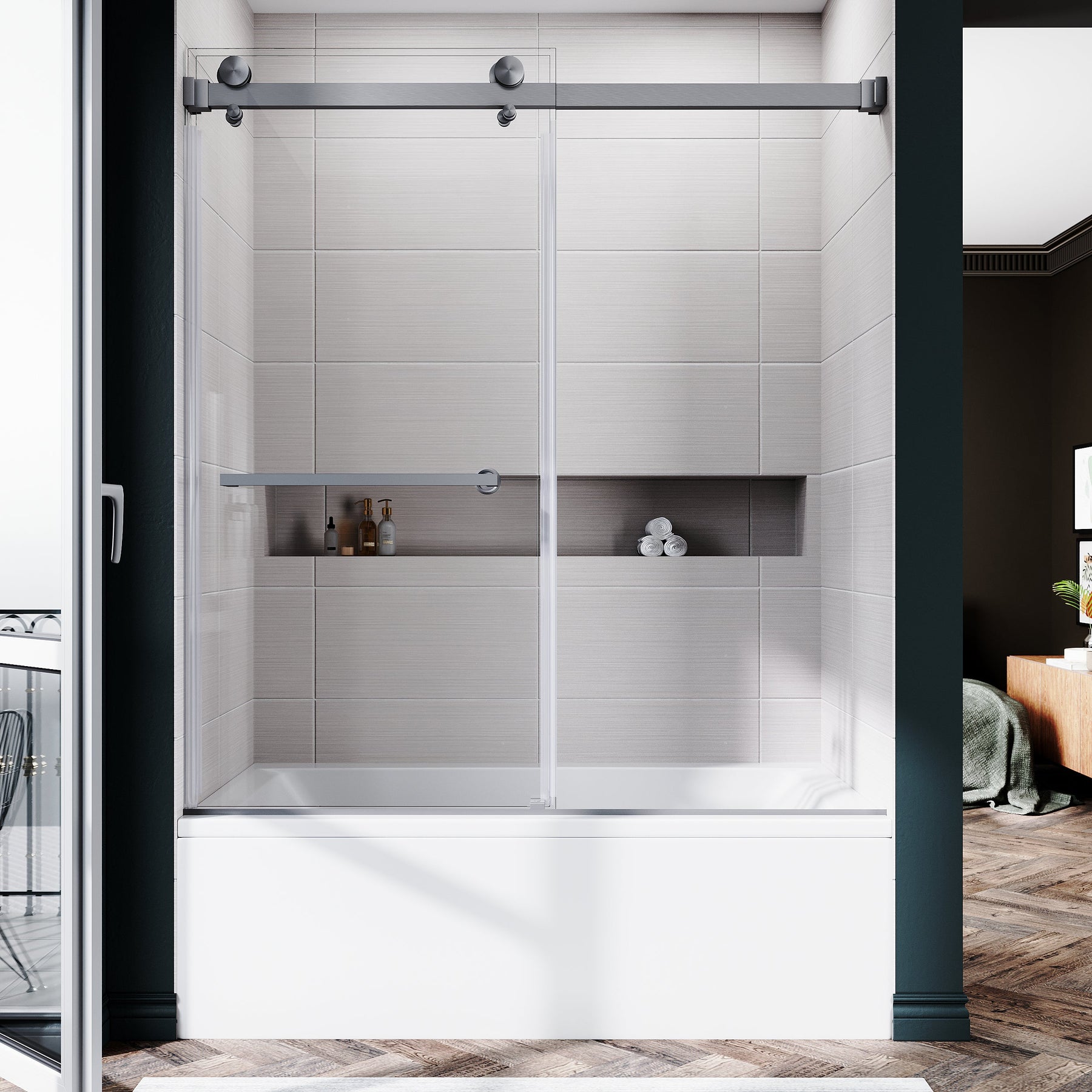 Unikoo satin brass semi-frameless double sliding shower door installed in a modern bathroom with marble tile