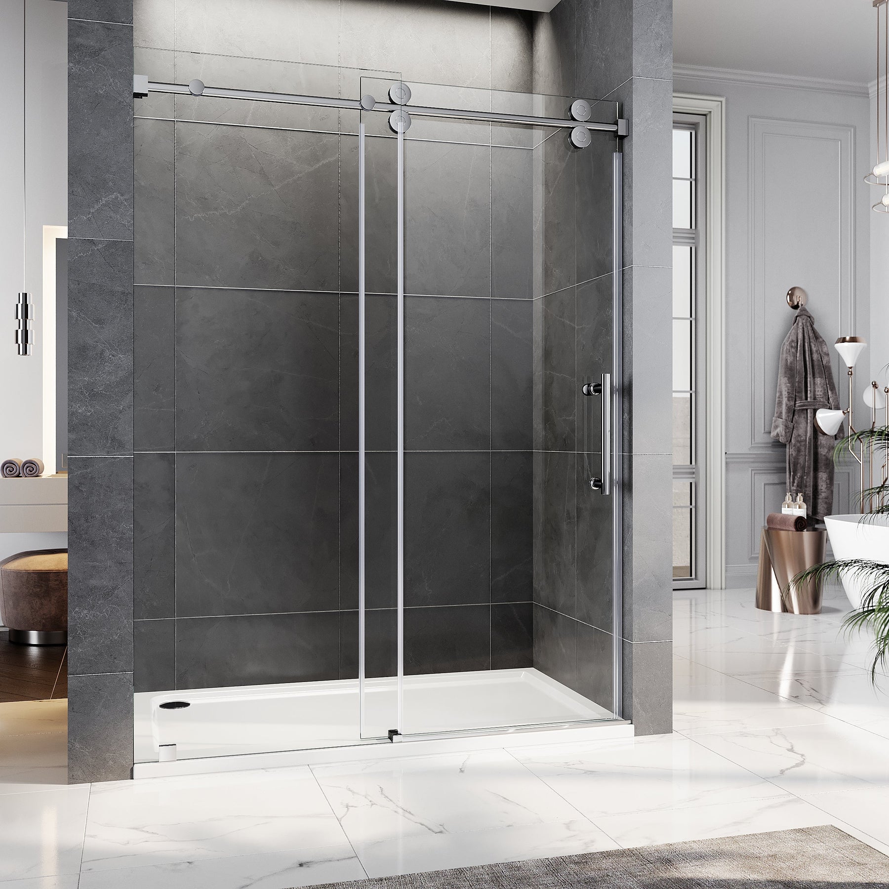 Unikoo frameless sliding shower door 84-inch height installed in luxury master bathroom with gray tile