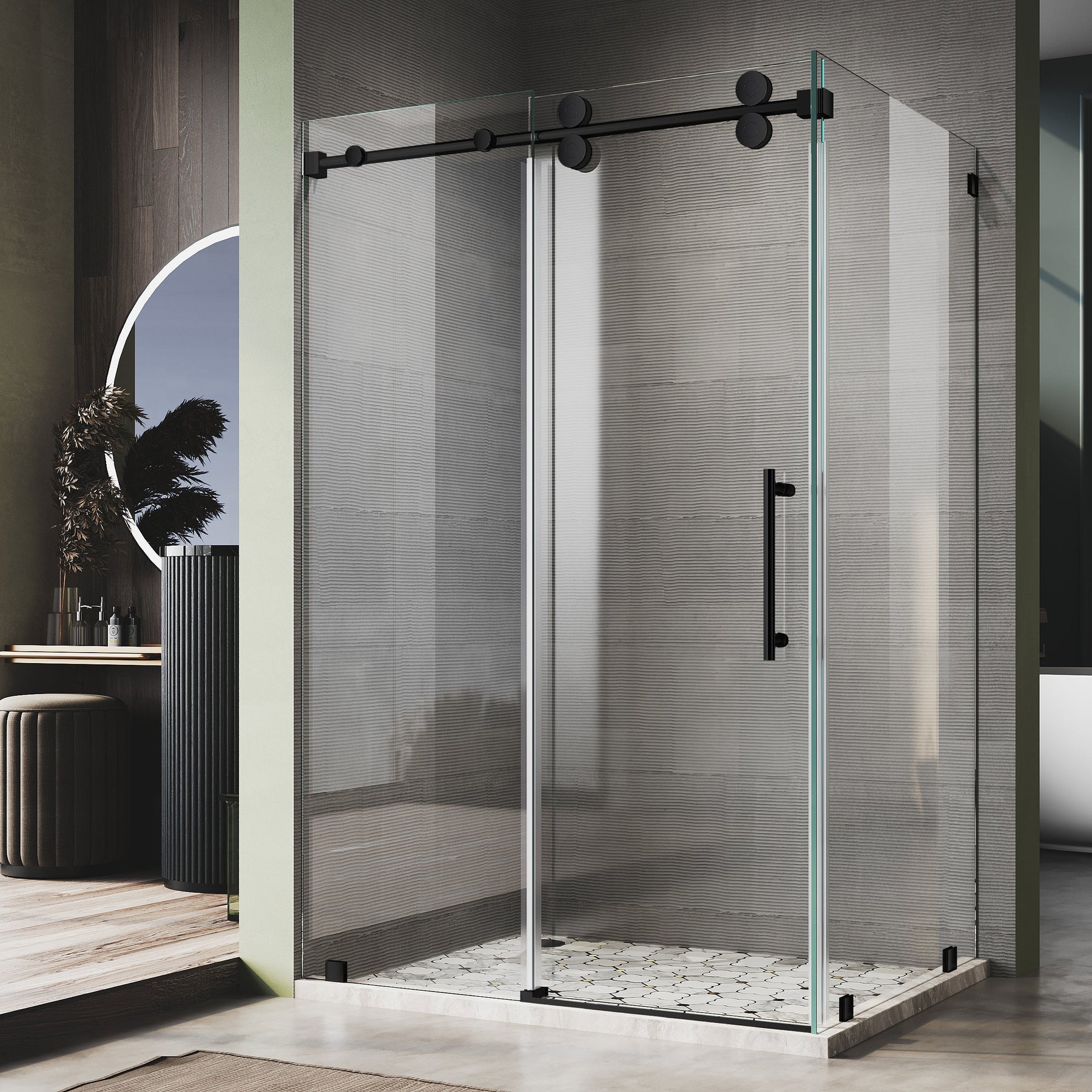 Frameless sliding shower door with matte black hardware and 10mm tempered glass installed in a modern bathroom with textured tile wall and no bottom track