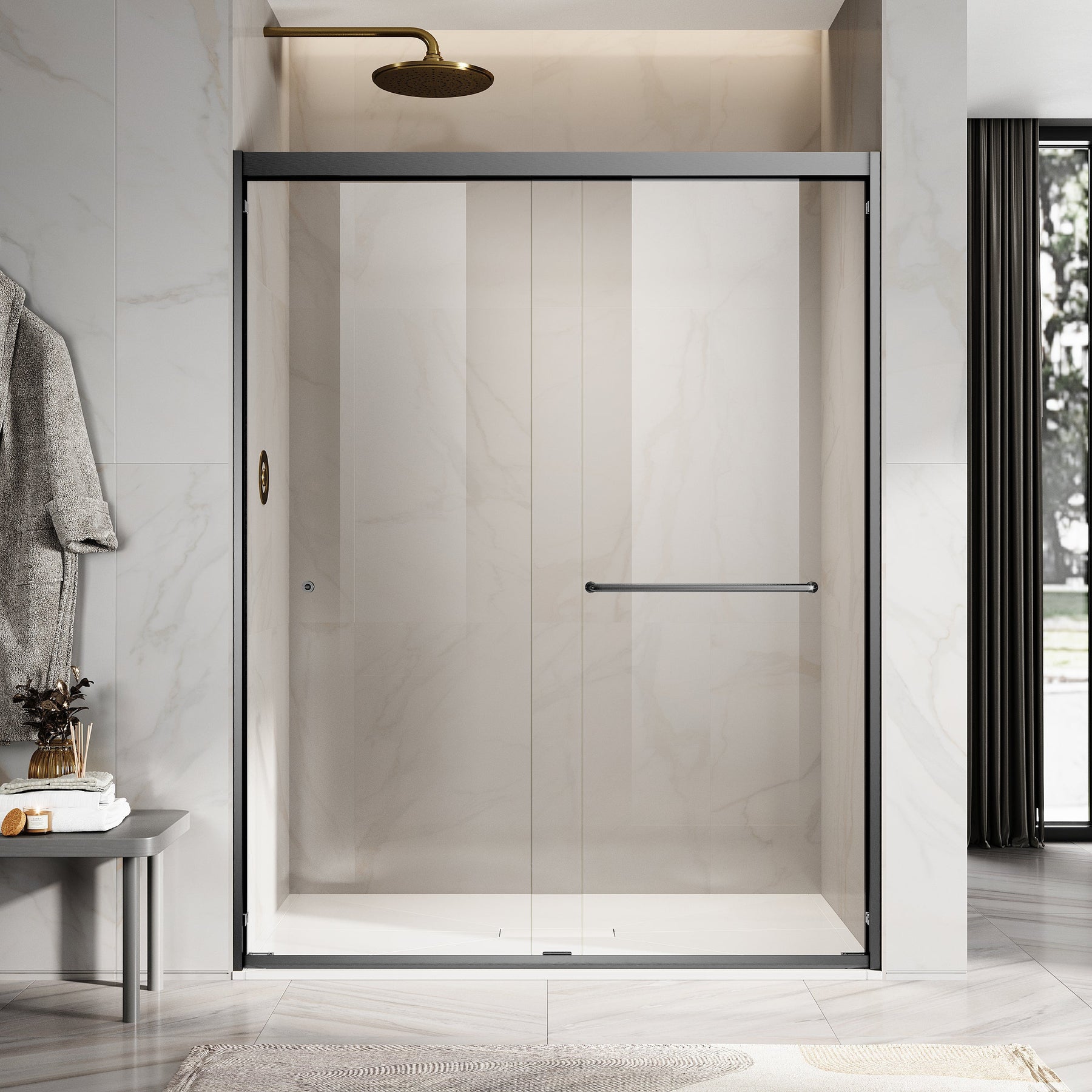 Unikoo UKH07 frameless swing shower door with matte black hardware installed in a modern bathroom with neutral tile and warm lighting