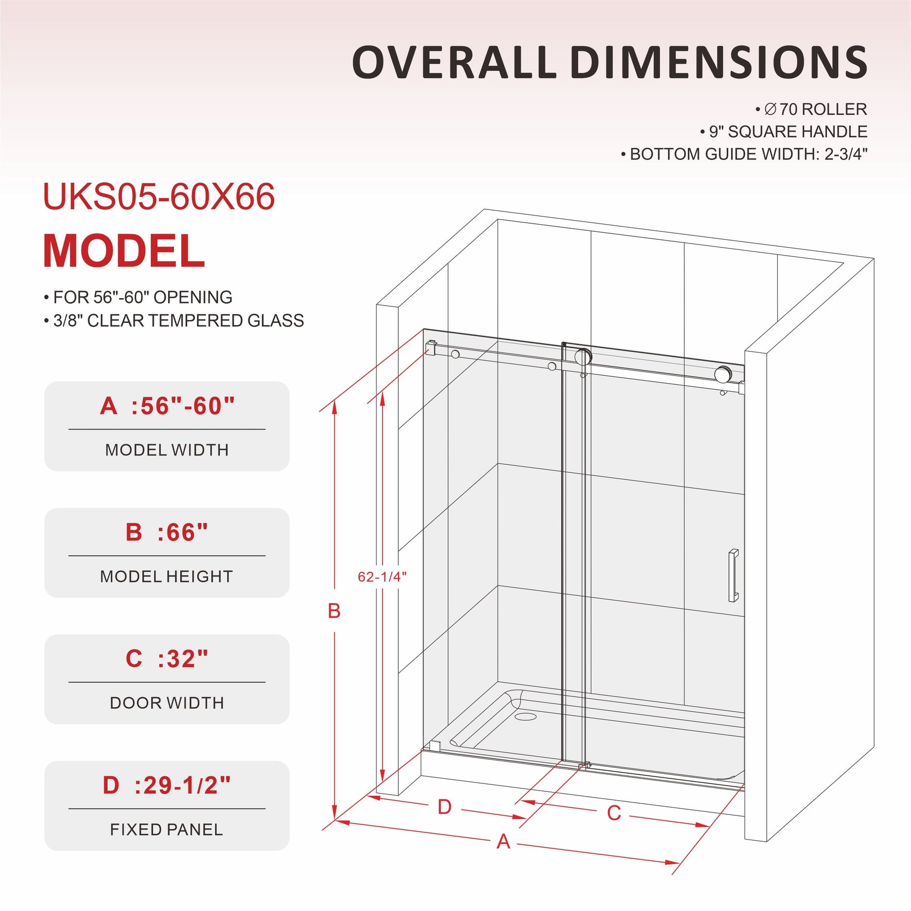 Single sliding shower door overall dimensions diagram