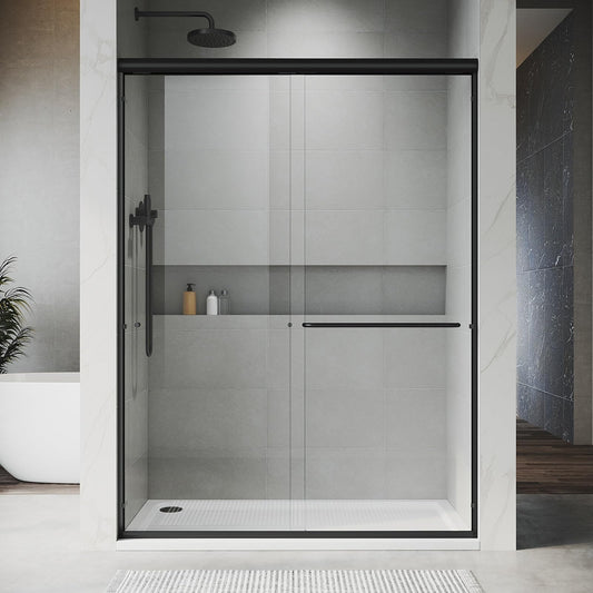 UNIKOO 56"- 60" W×72" H Semi-Frameless Stainless Steel Bypass Double Sliding Shower Door in Matte Black with 1/4" (6mm) Certified Tempered Clear Glass. The Countesss Series UKD07-6072-MBL