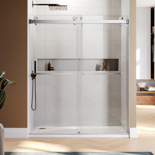UNIKOO 可调式 56"-60" x 76" 无框双滑动淋浴房,配备 3/8" (10mm) 透明钢化安全玻璃、静音顶部滚轮和 316 和 304 不锈钢方形型材顶盖