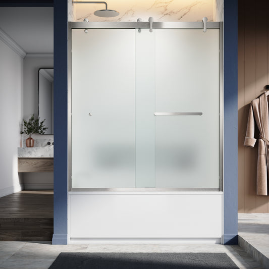 UKD08- 56-60 in. W x 66 in. H Double 1T1F Sliding Semi-Frameless Bathtub Door with EnduroShield in Acid Etch Glass