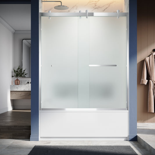 UKD08- 56-60 in. W x 66 in. H Double 1T1F Sliding Semi-Frameless Bathtub Door with EnduroShield in Acid Etch Glass