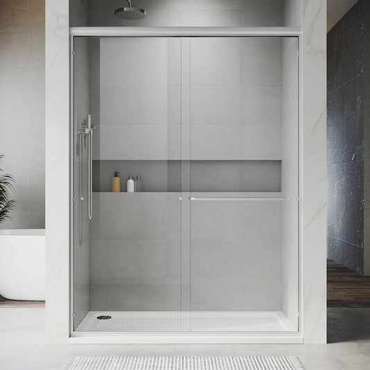 UNIKOO 56"- 60" W×72" H Semi-Frameless Stainless Steel Bypass Double Sliding Shower Door in Brushed Nickel with 1/4" (6mm) Certified Tempered Clear Glass. The Countesss Series UKD07-6072-BN