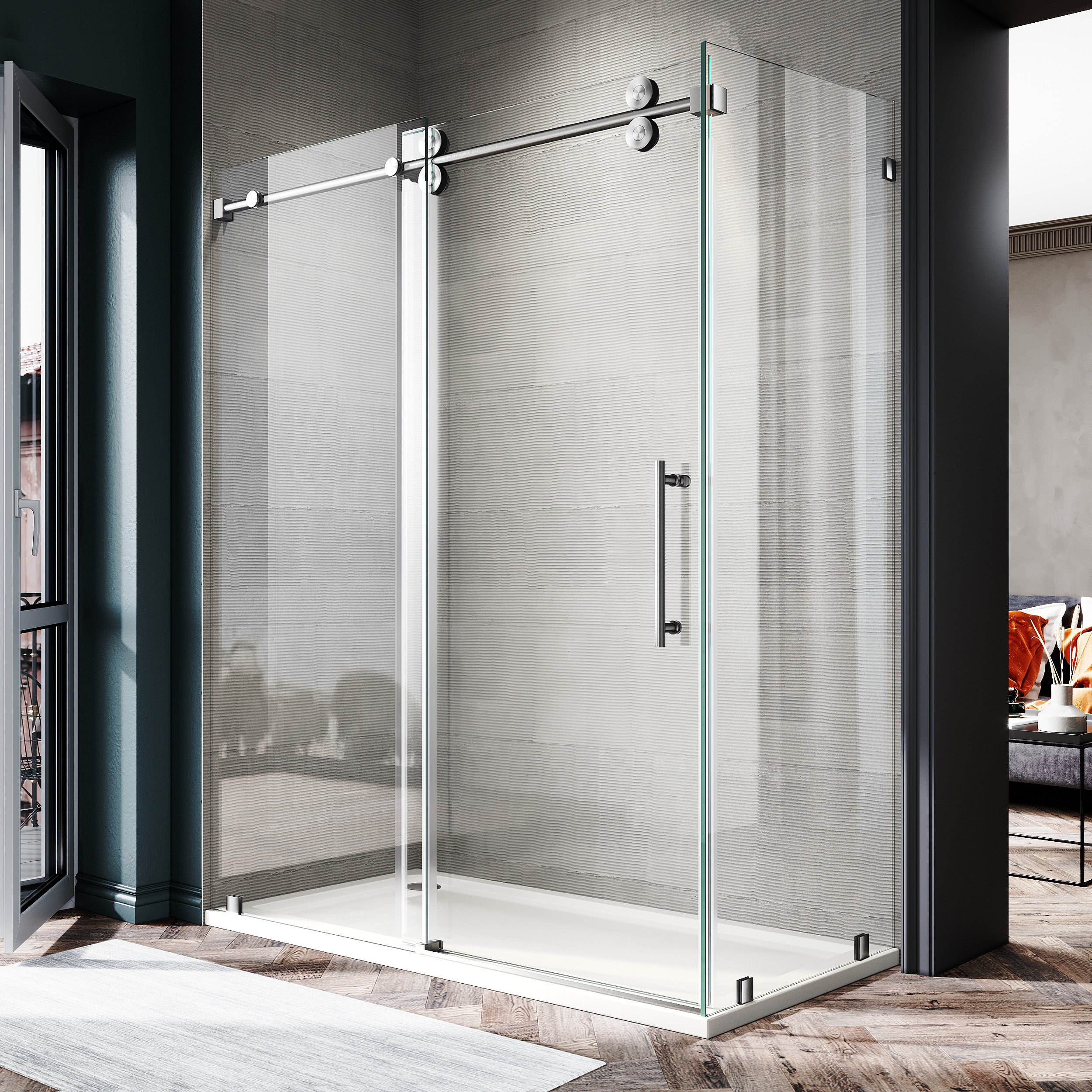 UKS04RP 56 to 60 in. W X 32-36 in. D X 80 in. H U-Channel Frameless Sliding Shower Door in with EnduroShield 3/8 in. Clear Glass
