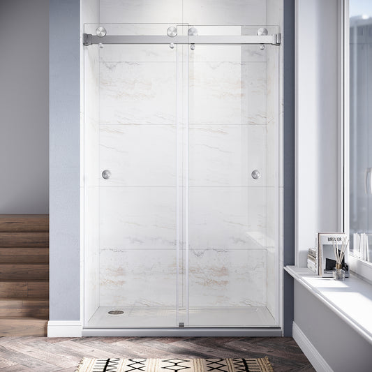 Puerta de ducha doble corredera sin marco UKD01-46 a 49 pulgadas de ancho x 76 u 80 pulgadas de alto, 2FP, vidrio transparente EnduroShield de 3/8 de pulgada