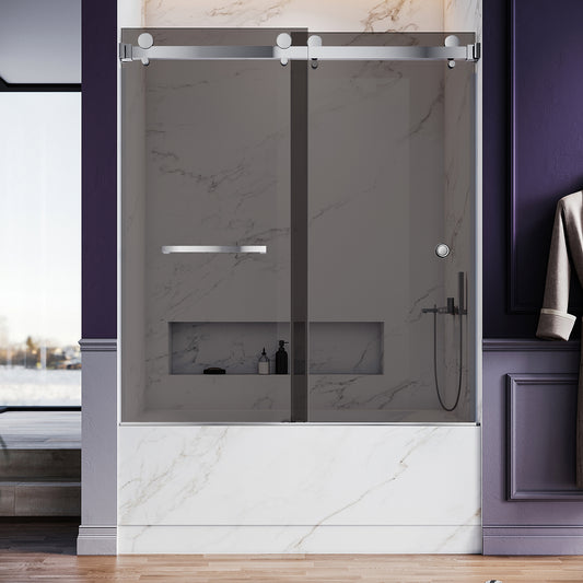 UKD01- 56 to 65 in. W x 66 in. H Frameless Double Sliding Bathtub Door in Stainless Steel with Gray Glass
