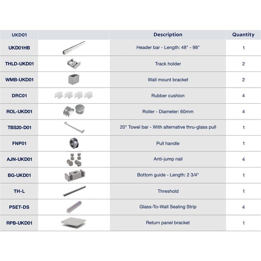 UKD01 66' - 72' SLIDING DOOR HARDWARE KIT W/ 1 TB & 1 FP
