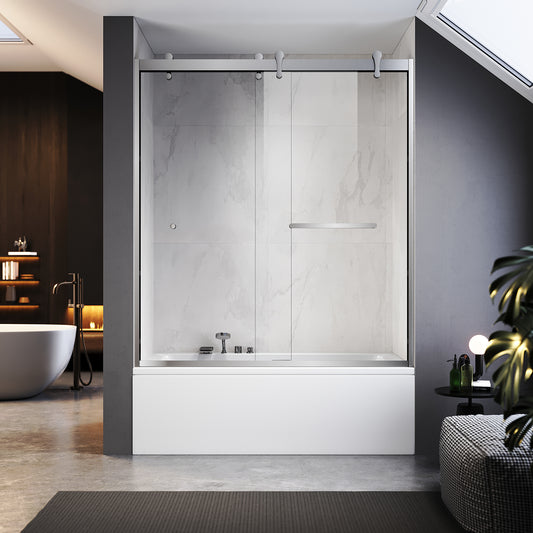 UKD08- Puerta de bañera corredera doble semiframeless de 56-60 pulgadas de ancho x 66 pulgadas de alto con EnduroShield en vidrio transparente