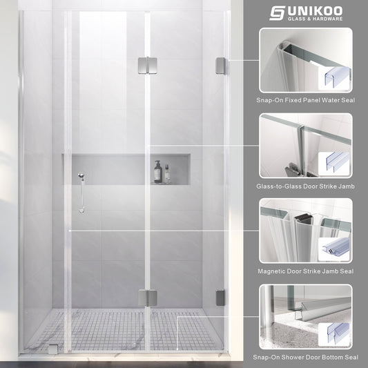 Puertas de ducha abatibles dobles sin marco de 38"-80" de ancho × 80" de alto en negro mate con triple cristal templado transparente certificado de 3/8" (10 mm), UKH10