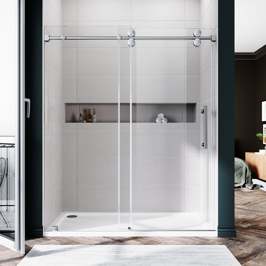UKS04 - Puerta de ducha corrediza sin marco de 56 a 60 pulgadas de ancho x 72 o 76 pulgadas de alto, vidrio transparente EnduroShield de 3/8 de pulgada
