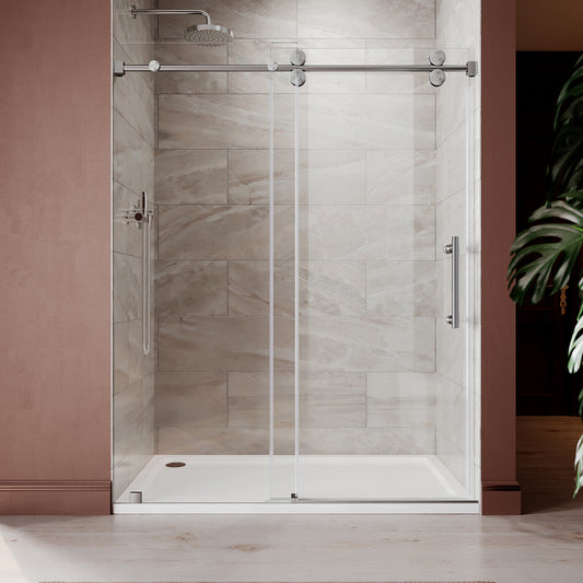 UKS04 - Puerta de ducha corrediza sin marco de 66 a 72 pulgadas de ancho x 76 u 80 pulgadas de alto, vidrio transparente EnduroShield de 3/8 pulgadas SGCC