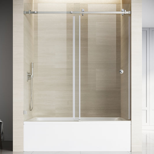 UKS09 56 to 60 in. W x 66 in. H Single Sliding Frameless Bathtub Door in Matte Black with EnduroShield 3/8" Clear Glass