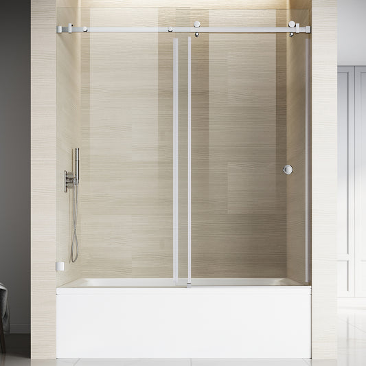 UKS09 56 to 60 in. W x 66 in. H Single Sliding Frameless Bathtub Door in Matte Black with EnduroShield 3/8" Clear Glass