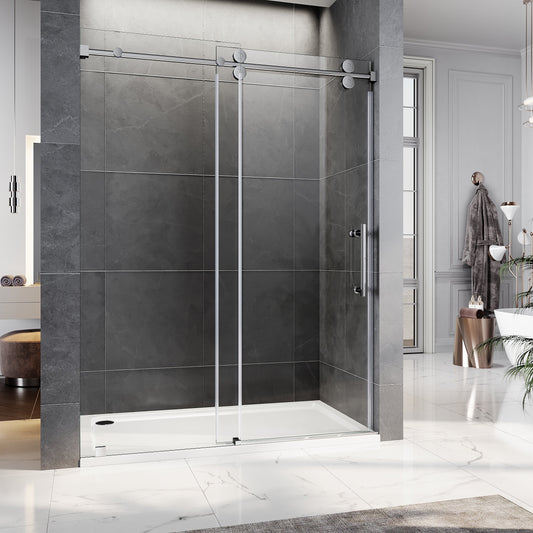 Unikoo frameless sliding shower door 84-inch height installed in luxury master bathroom with gray tile