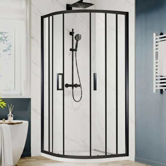 Unikoo square corner shower enclosure paired with fixed glass panel in matte black finish
