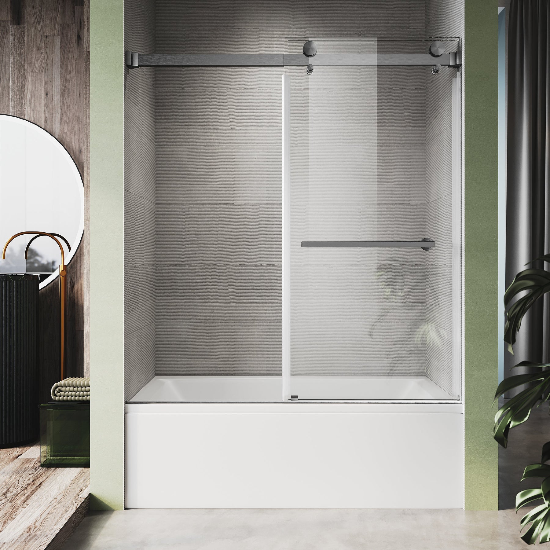 Unikoo UKD01 matte black double sliding bypass shower door installed in a modern bathroom with white marble tile
