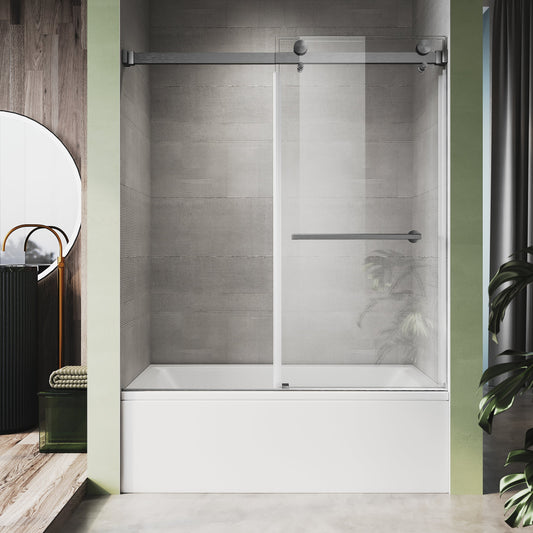 Unikoo UKD01 matte black double sliding bypass shower door installed in a modern bathroom with white marble tile