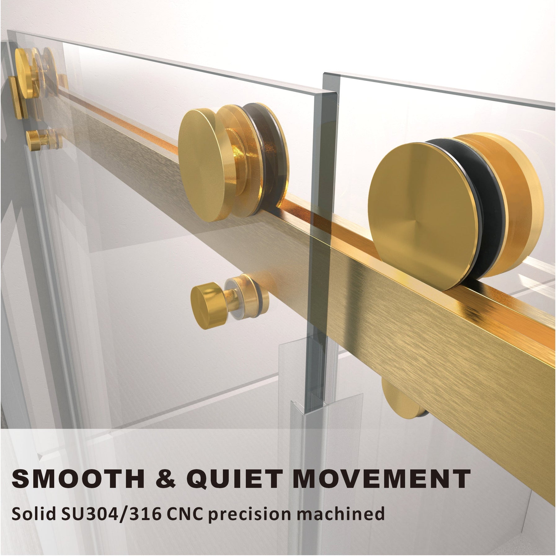 Frameless sliding shower door roller hardware in brushed gold finish, solid SU304/316 CNC precision machined for smooth and quiet movement