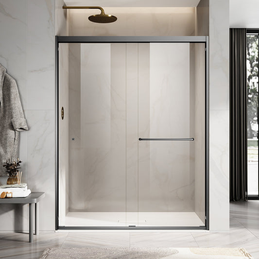 Unikoo UKH07 frameless swing shower door with matte black hardware installed in a modern bathroom with neutral tile and warm lighting