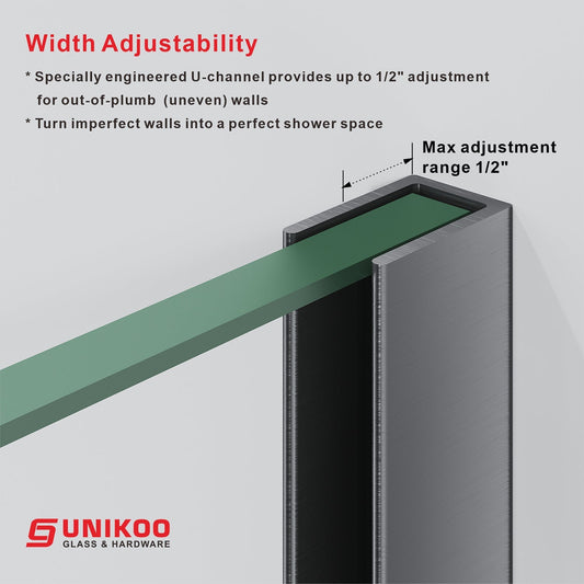 Unikoo frameless shower door width adjustability diagram showing 1/2 inch adjustment range for out-of-plumb walls