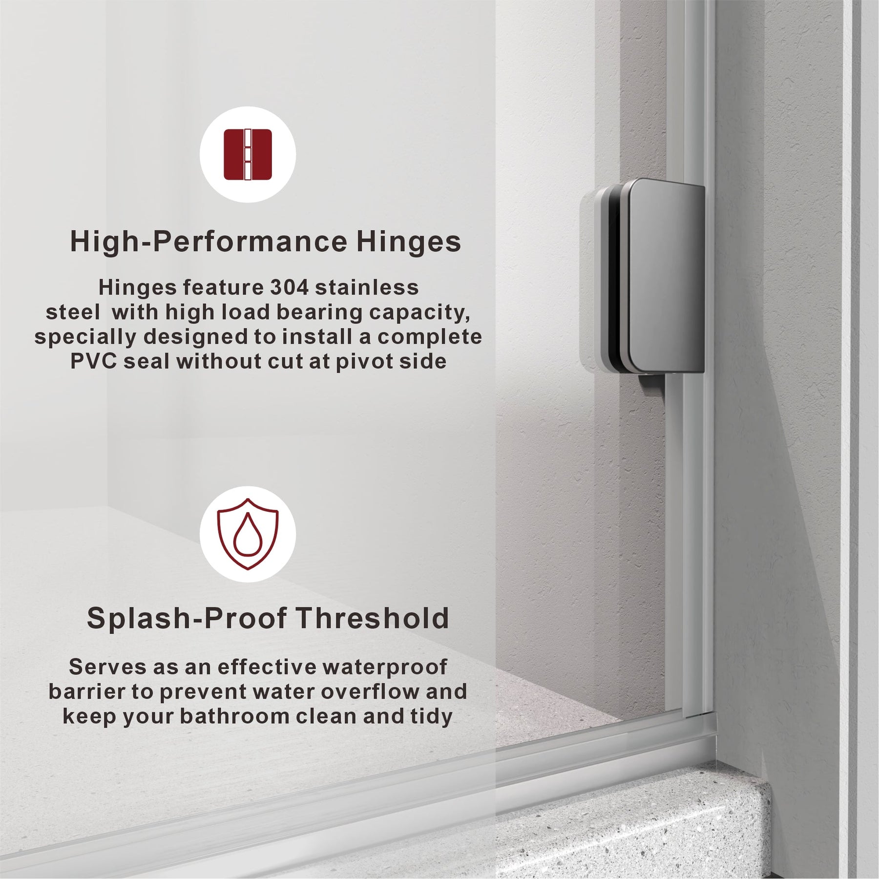 Frameless swing shower door featuring high-performance 304 stainless steel hinges and splash-proof threshold for leak-free bathroom installation