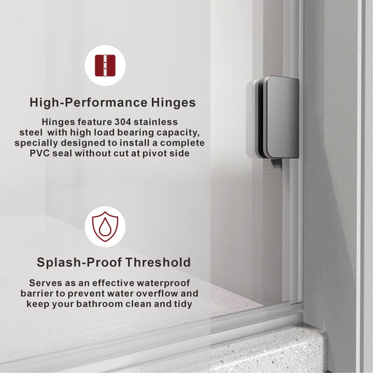 Frameless swing shower door featuring high-performance 304 stainless steel hinges and splash-proof threshold for leak-free bathroom installation
