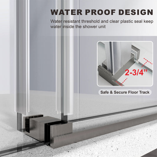 Unikoo frameless shower door waterproof design with water resistant threshold and clear plastic seal keeping water inside shower unit