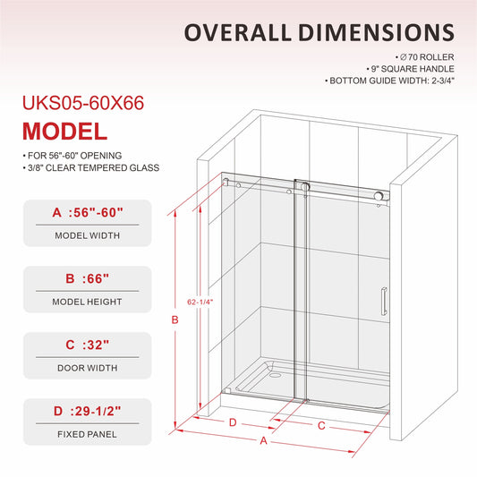 Single sliding shower door overall dimensions diagram