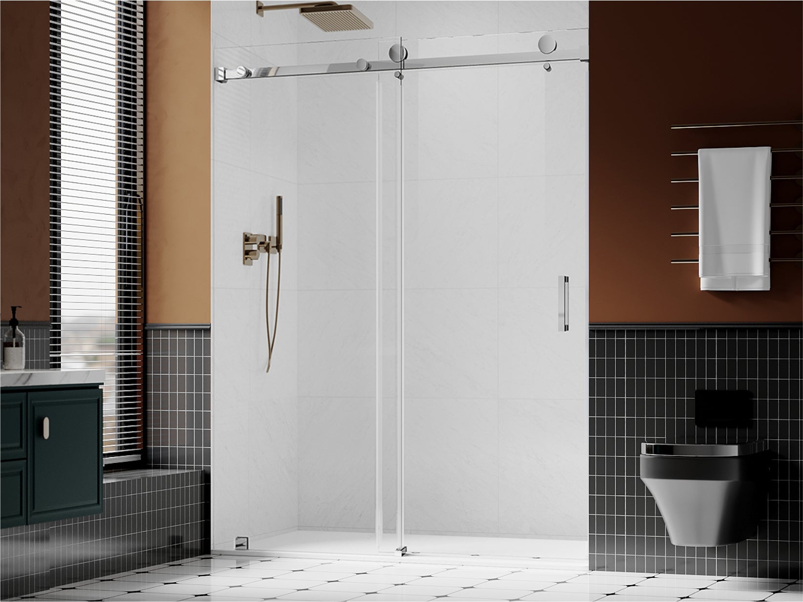 Frameless swing shower door with brushed gold hardware installed in a modern bathroom with dark tile accent wall and open layout