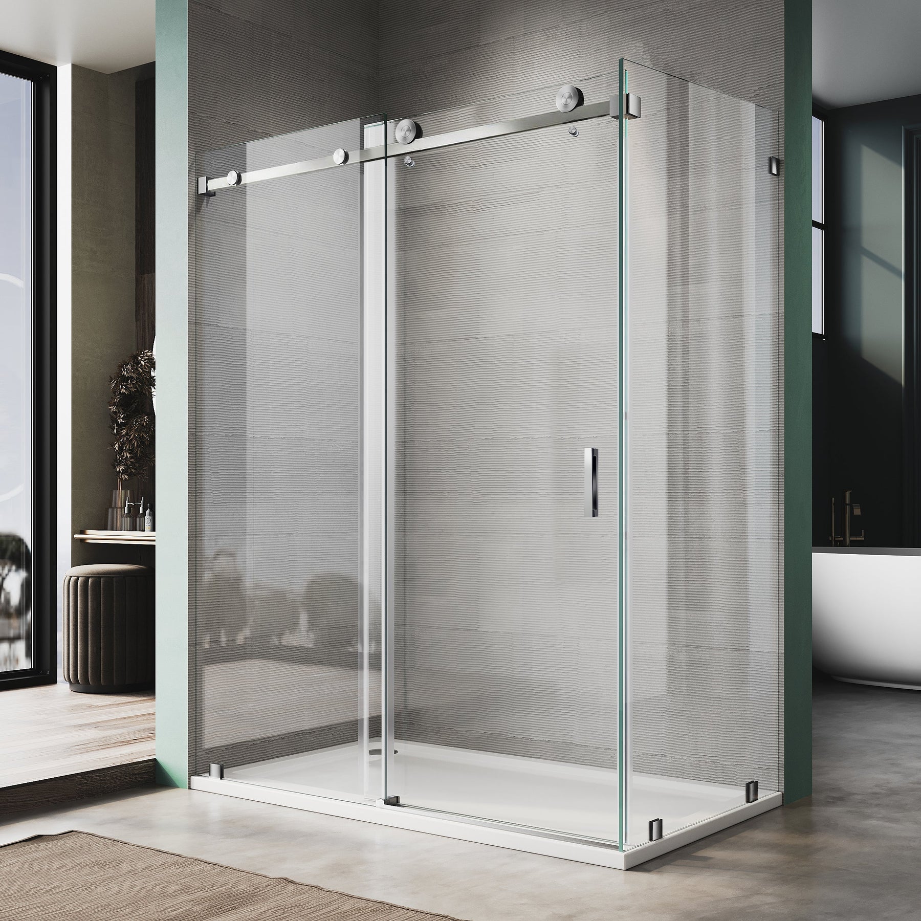 Unikoo frameless shower enclosure with tinted glass panels installed in modern bathroom with natural light
