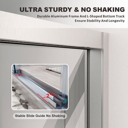 Frameless sliding shower door with ultra sturdy durable aluminum frame and L-shaped bottom track for stable slide guide with no shaking