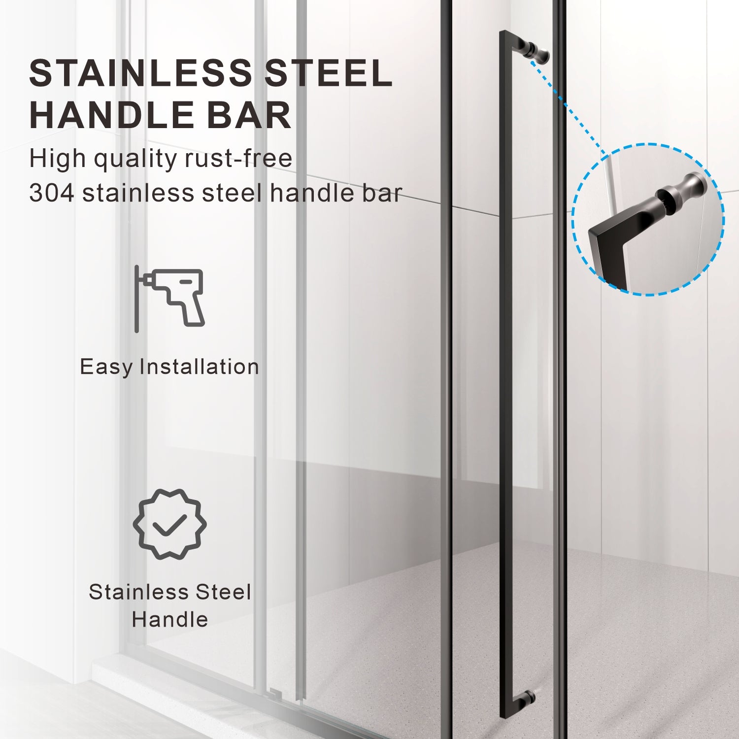 Frameless swing shower door featuring 304 stainless steel handle bar with rust-free finish and easy installation design