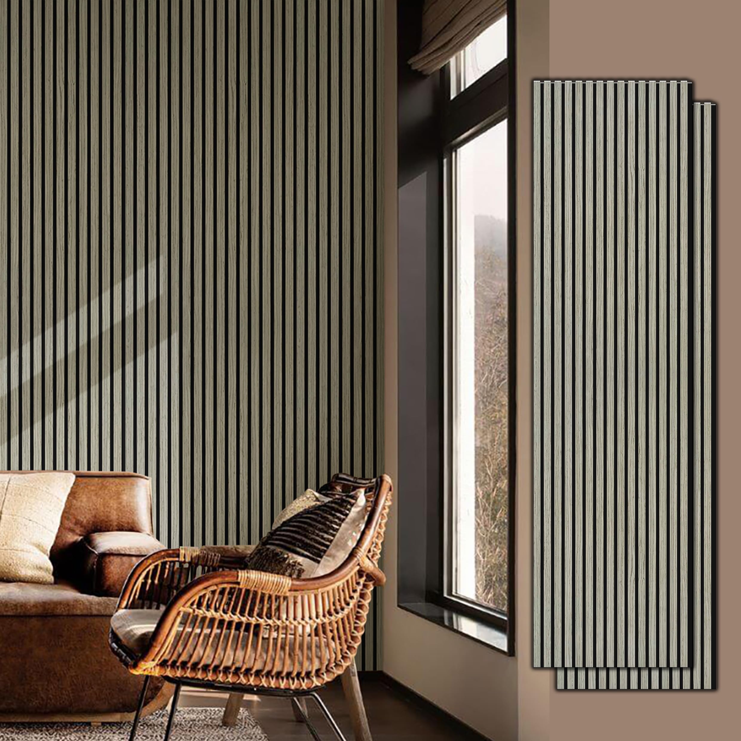 Panel de pared de listones de madera UNIKOO - 60 cm x 240 cm, panel 3D acanalado que absorbe el sonido, ideal para la decoración moderna del hogar.