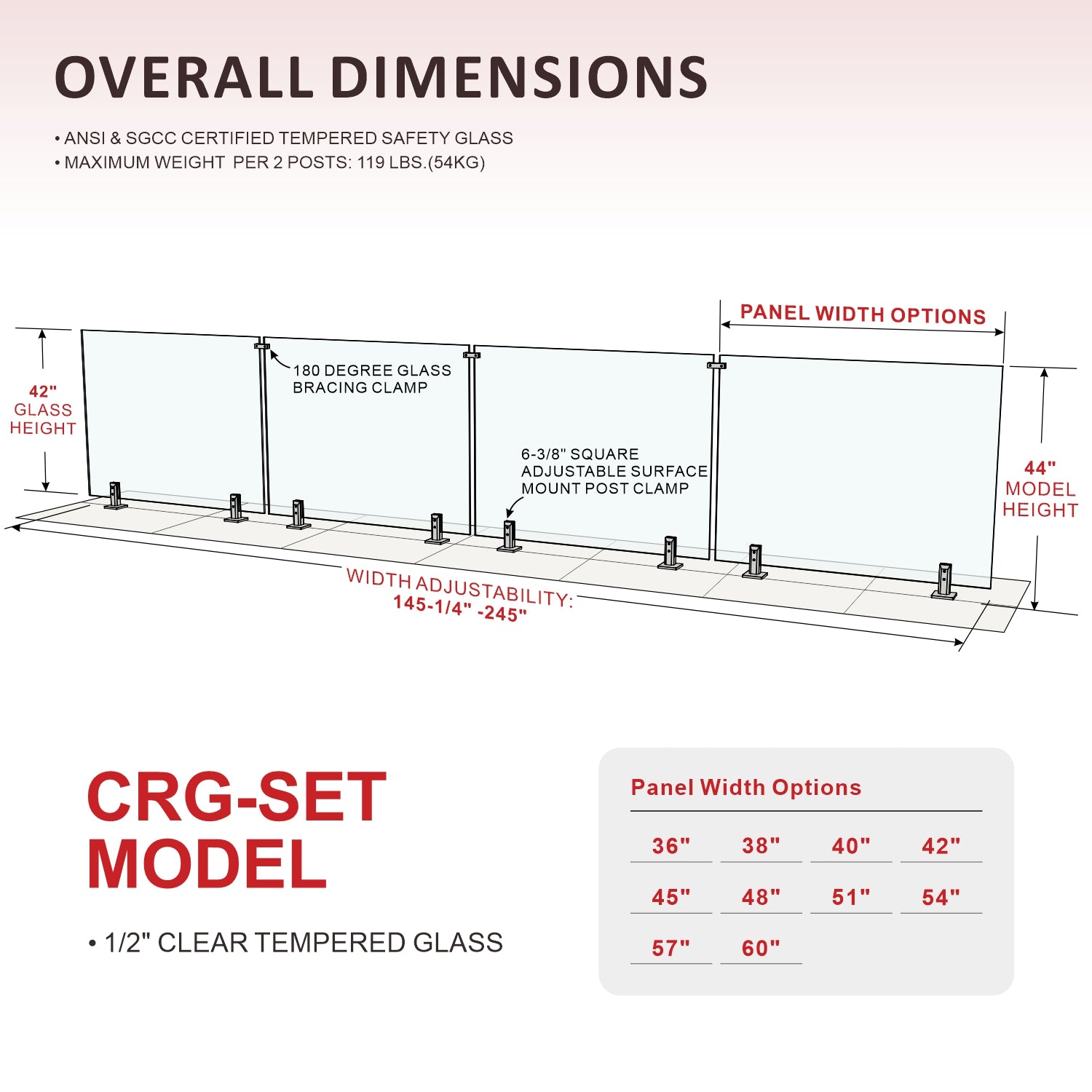 CRG-194 Glass Panel, 197x44cm, 4-Piece Set
