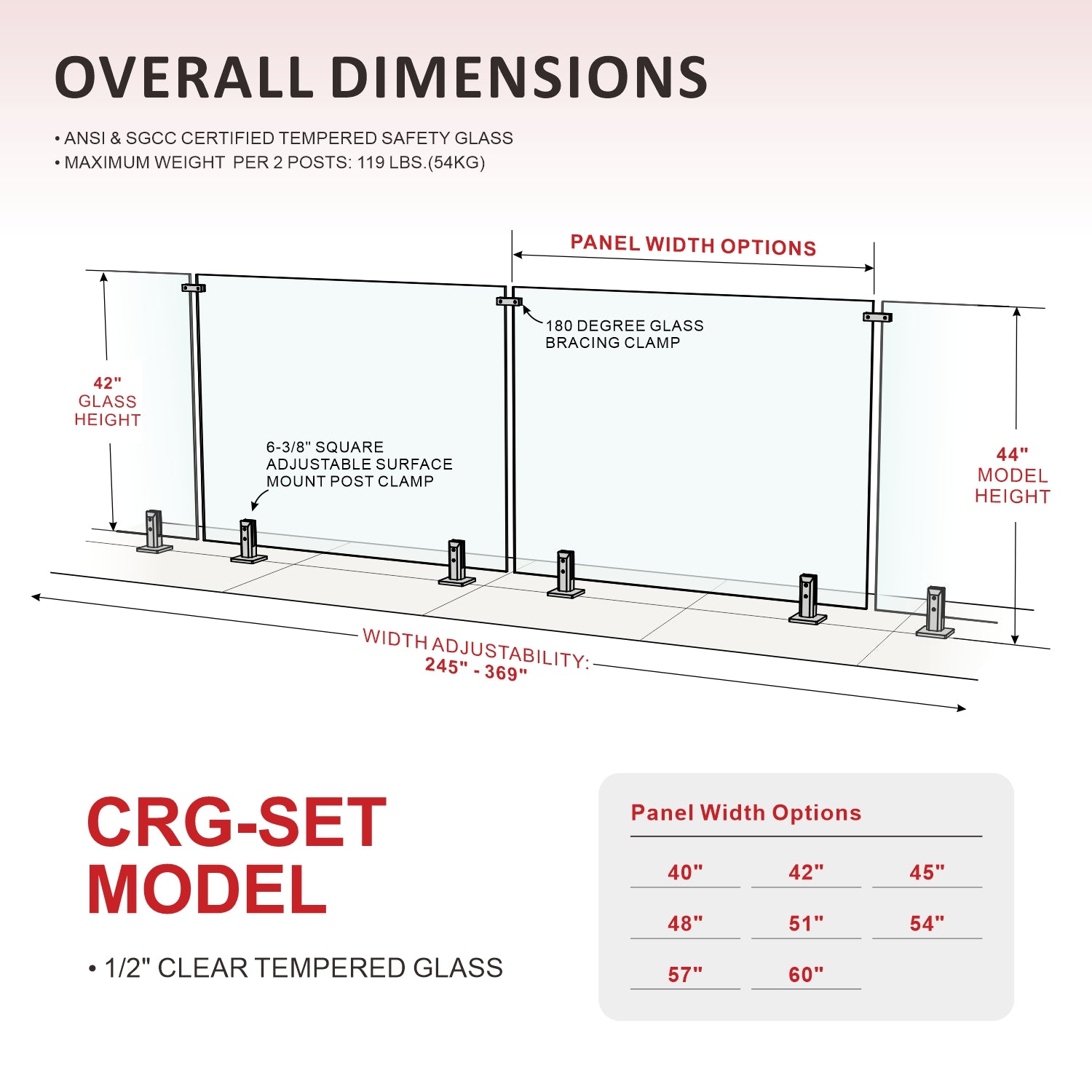 CRG-283 Glass Panel, 287x44cm, 6-Piece Set