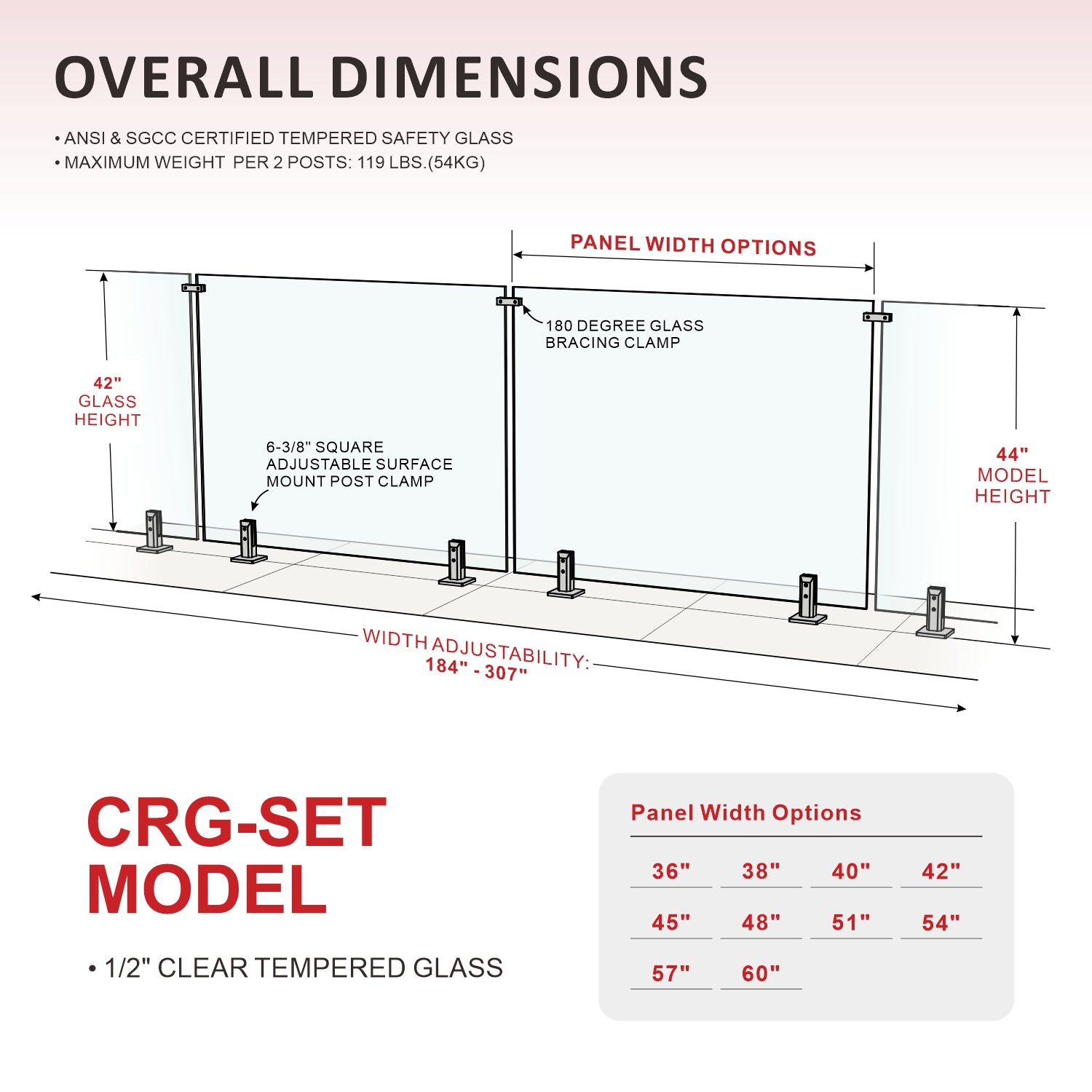 CRG-186 Glass Panel, 189x44cm, 5-Piece Set