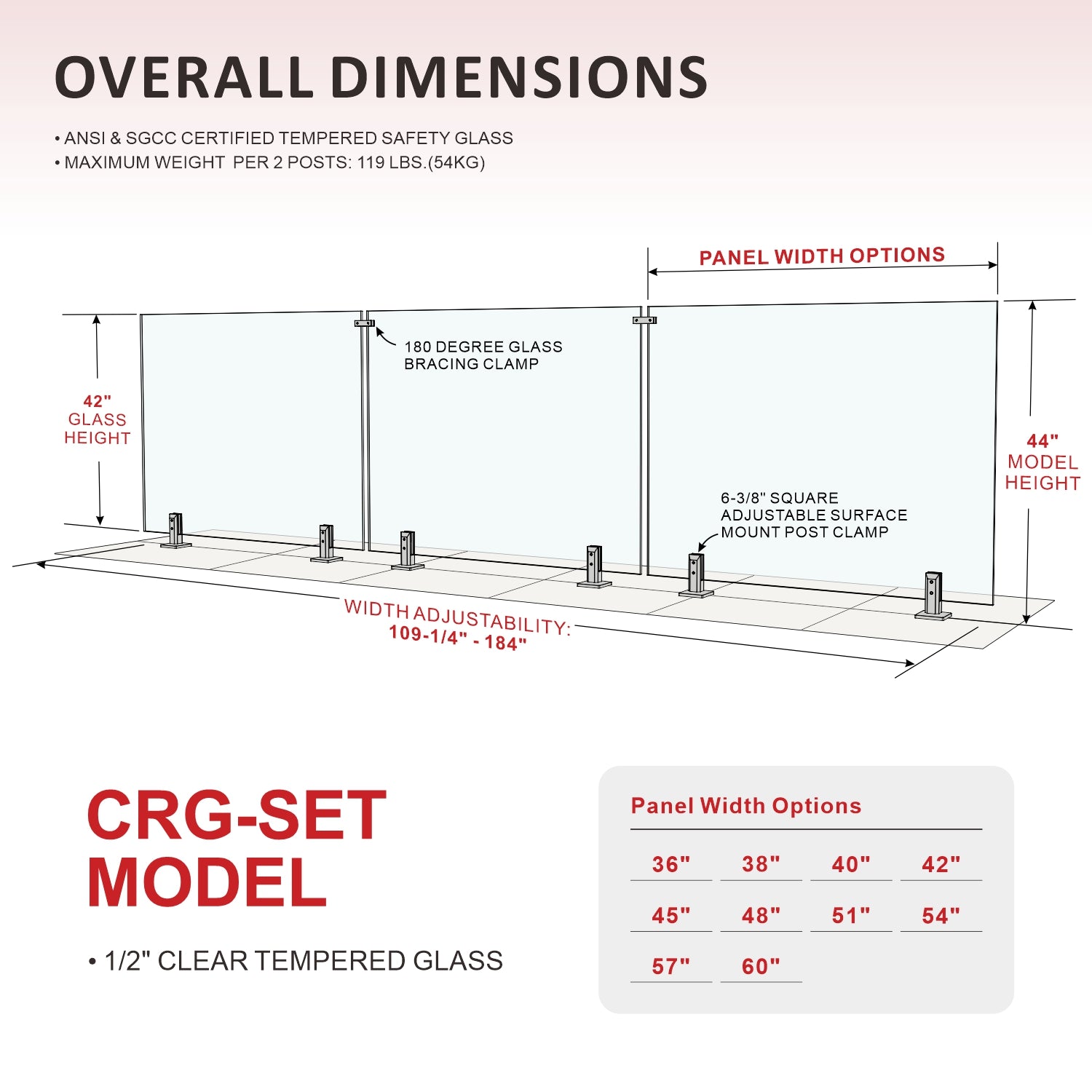 CRG-121 Glass Panel, 123x44cm, 3-Piece Set