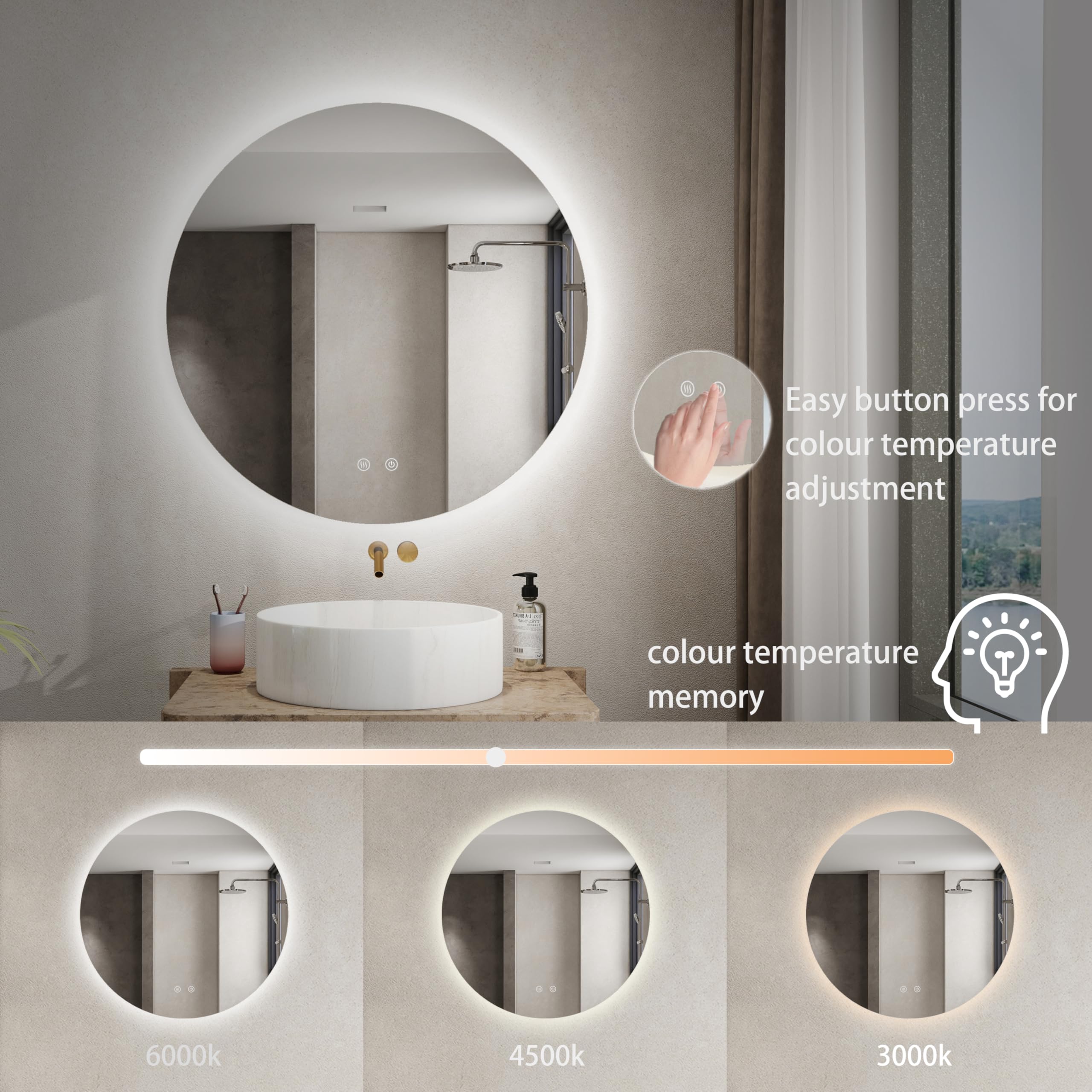 24 in. W x 24 in. H Round Frameless Backlit LED Light Anti-Fog Bathroom Vanity Mirror