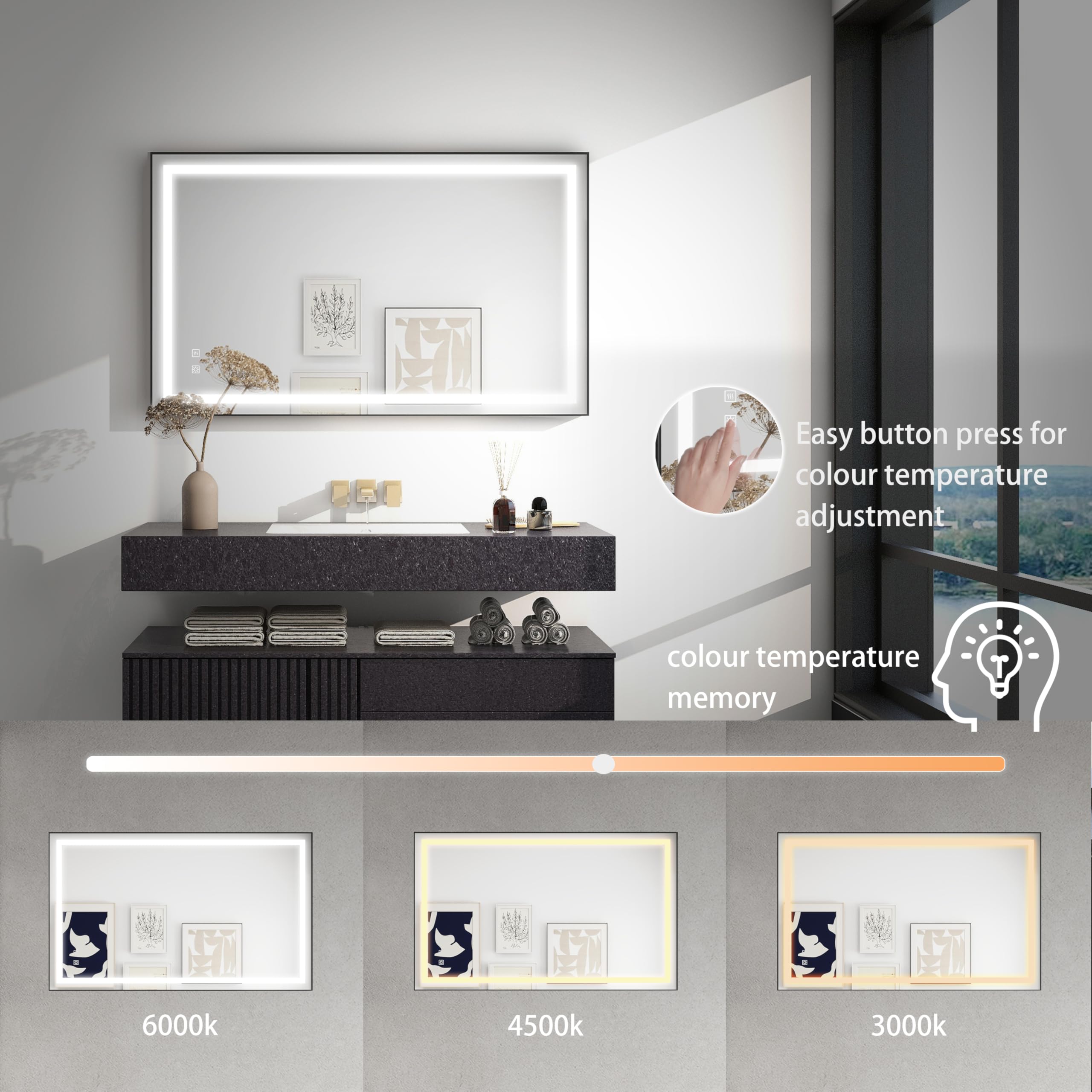 UNIKOO 24 in. W x 32 in. H Rectangular Aluminum Framed LED Light Anti-Fog Bathroom Vanity Mirror