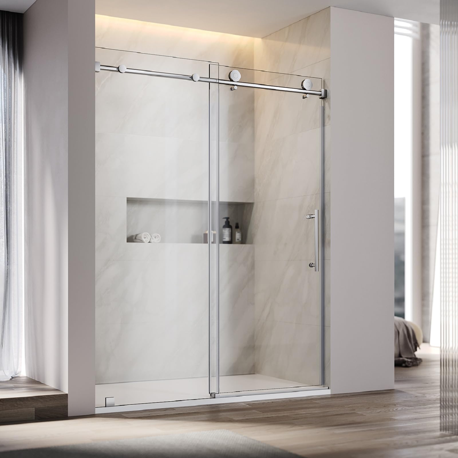 UNIKOO - Cabina de ducha corredera individual ajustable sin marco de acero inoxidable con (1) manija doble de 16”