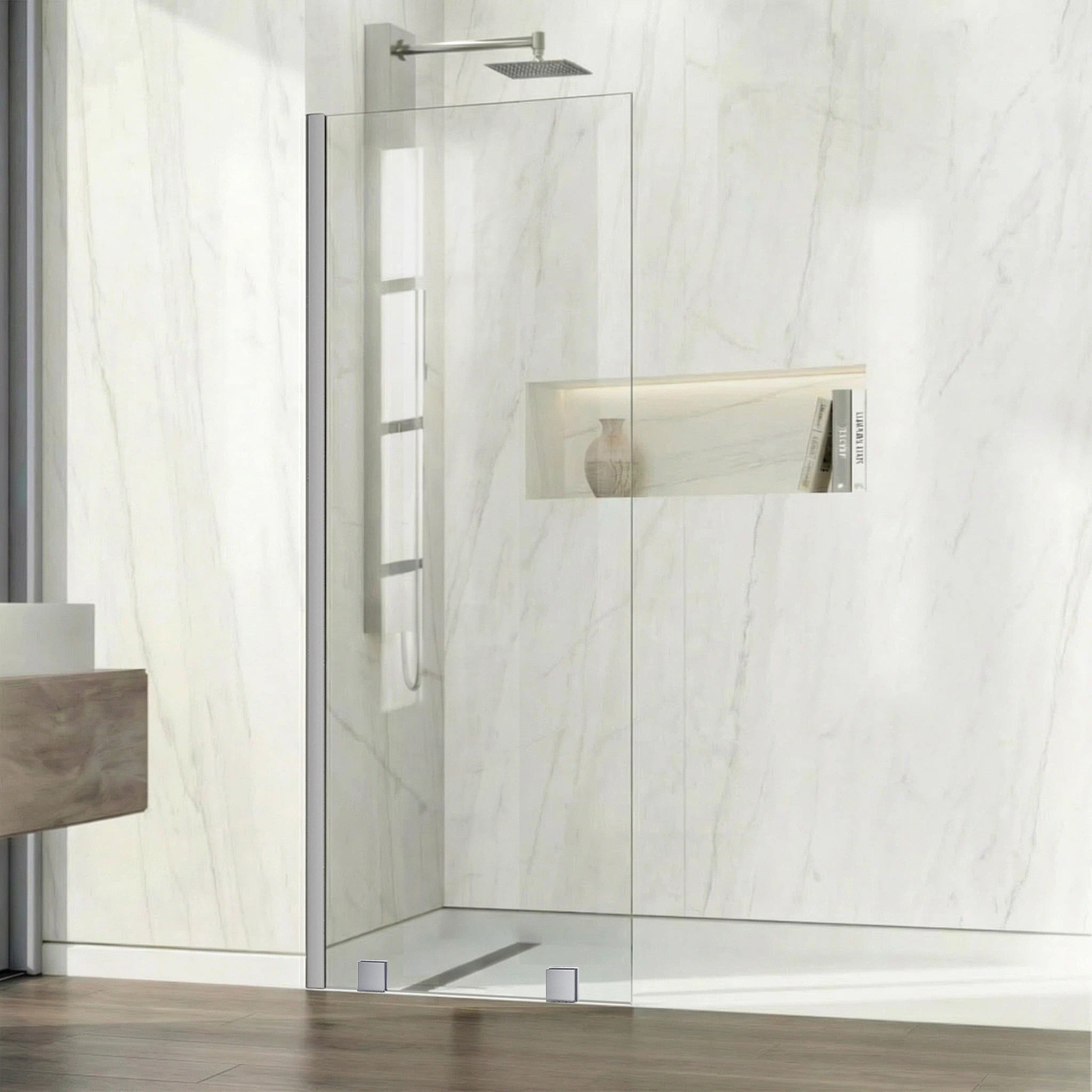 UKH07B  25" W x 80" H Shower Glass Panel, Semi-Framed Fixed Glass Shower Panel with Solid Frame, 3/8" (10mm) Thick Clear Certified Tempered Shower Door, Bathroom Shower Screen