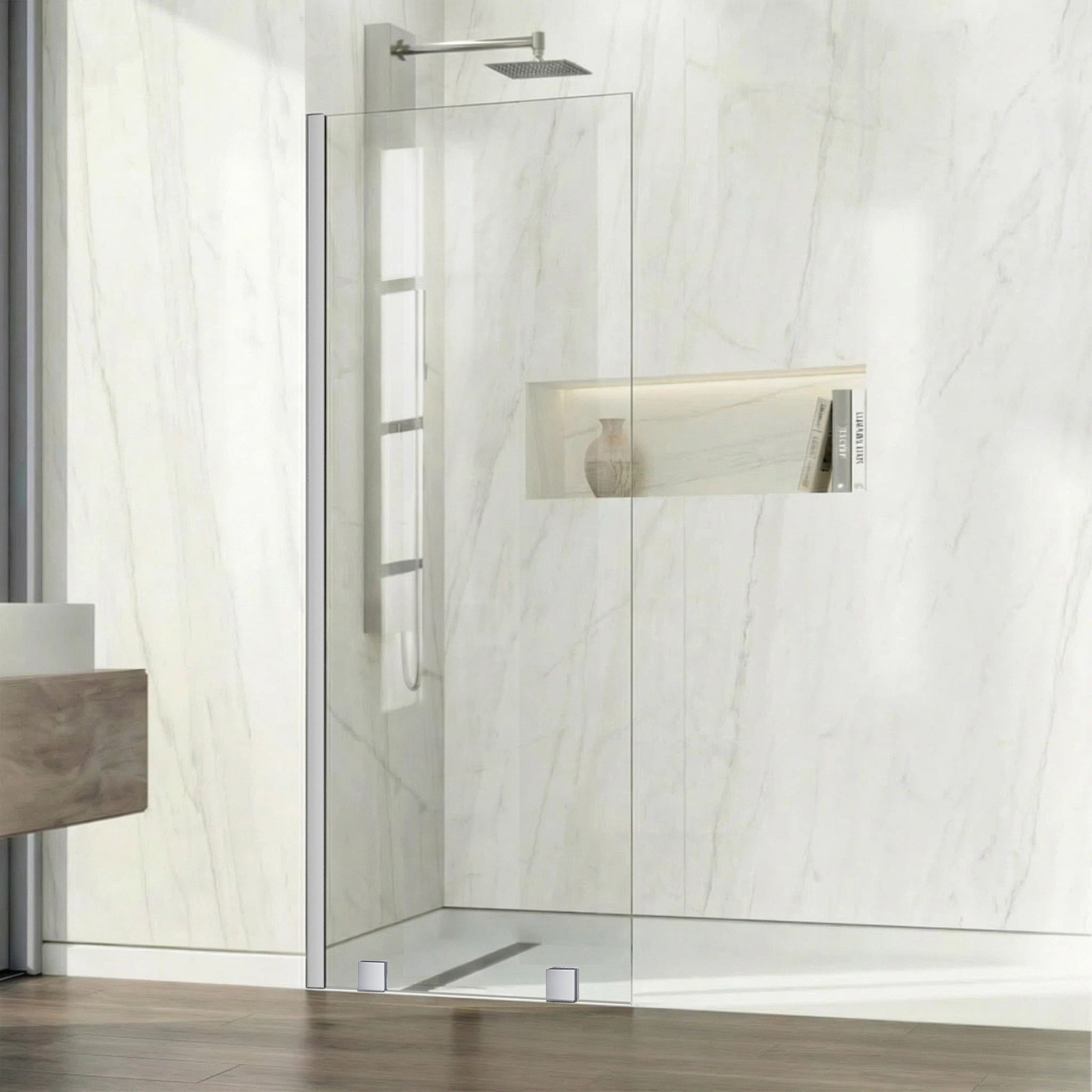UKH07B  27" W x 80" H Shower Glass Panel, Semi-Framed Fixed Glass Shower Panel with Solid Frame, 3/8" (10mm) Thick Clear Certified Tempered Shower Door, Bathroom Shower Screen