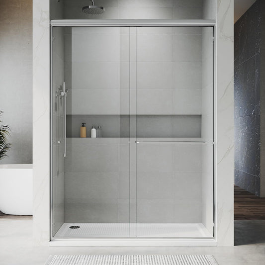 UNIKOO 56"- 60" W×72" H Semi-Frameless Stainless Steel Bypass Double Sliding Shower Door in Bright Chrome with 1/4" (6mm) Certified Tempered Clear Glass. The Countesss Series UKD07-6072-CH