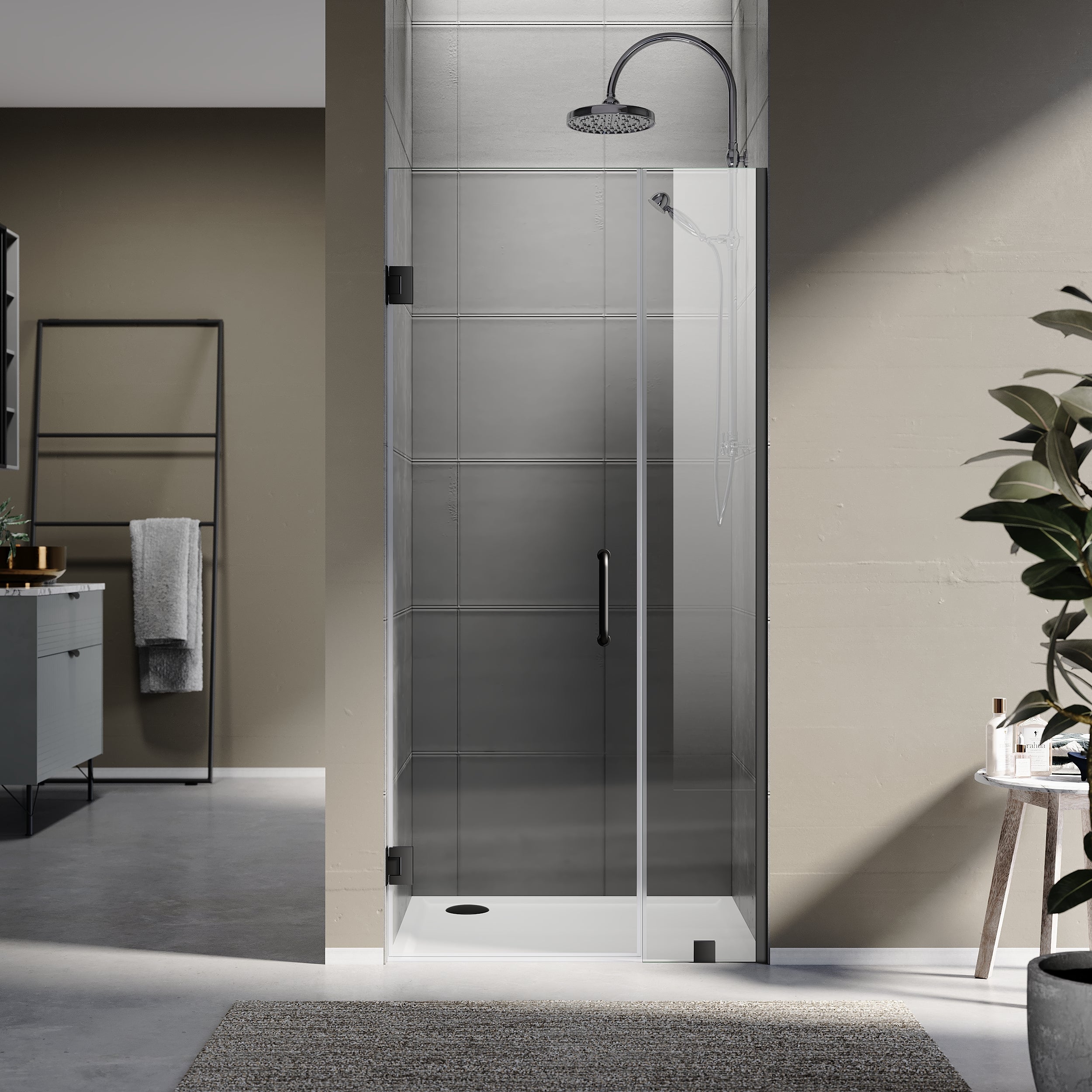 32-1/8 in. to 36 in. W X 80 in. H Frameless Hinged Shower Door in Brushed Nickel with EnduroShield 3/8 in. Clear Glass - 24/26 in. Door Panel