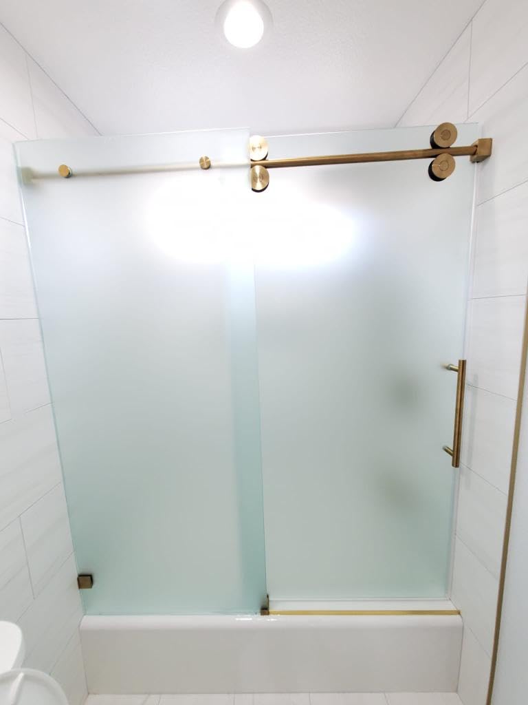 UNIKOO Frameless Stainless Steel Sliding Shower Door with 3/8" (10mm) Certified Tempered Acid-Etch e Glass. The King Series