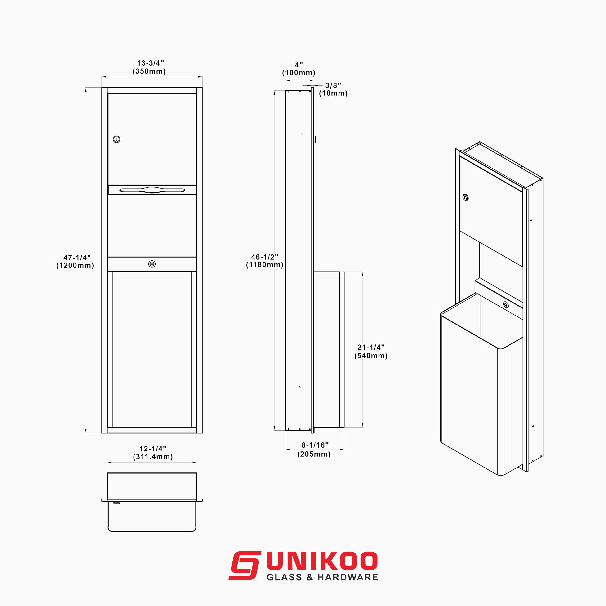 Unikoo Recessed Paper Towel Dispenser with Wall Trash Can, 13.75 x 8.06 x 47.25 Stainless Steel